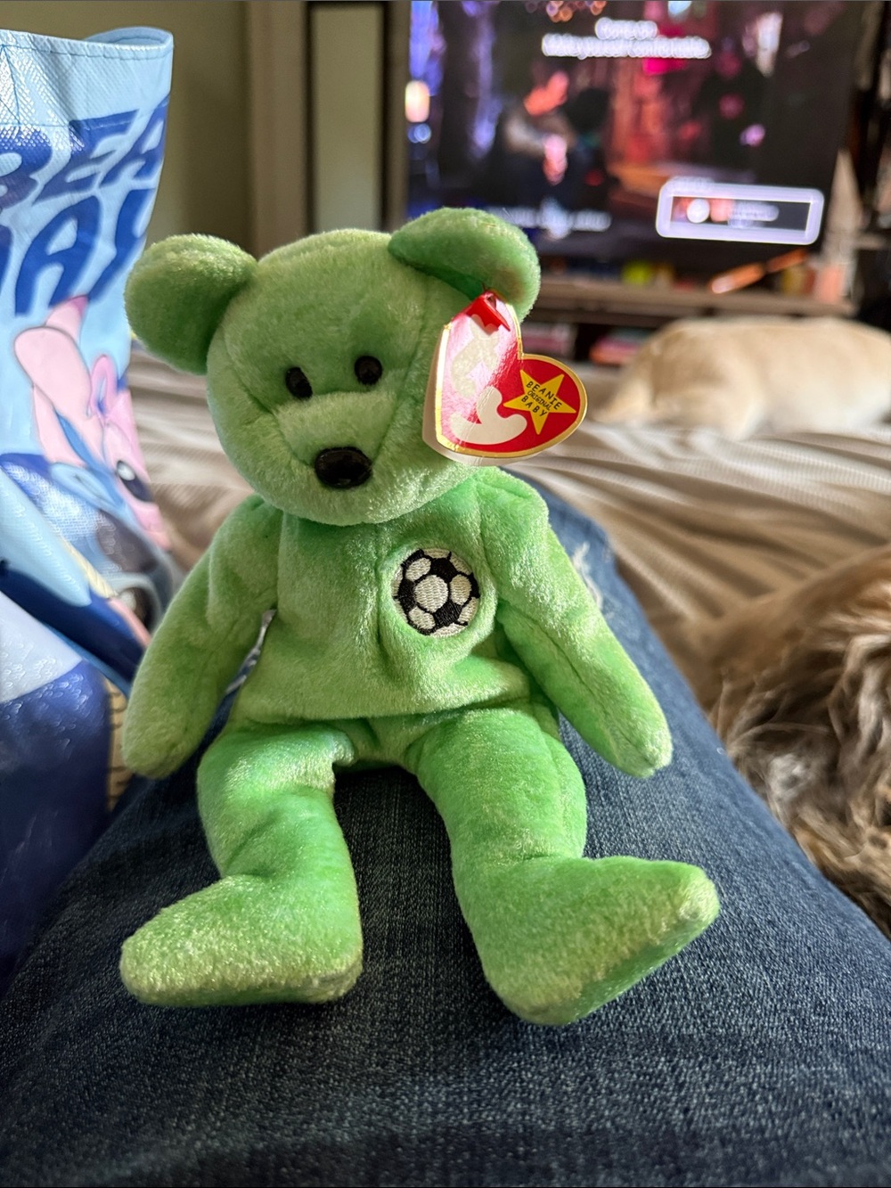 Ty Green Bear Beanie Baby with Soccer Emblem
